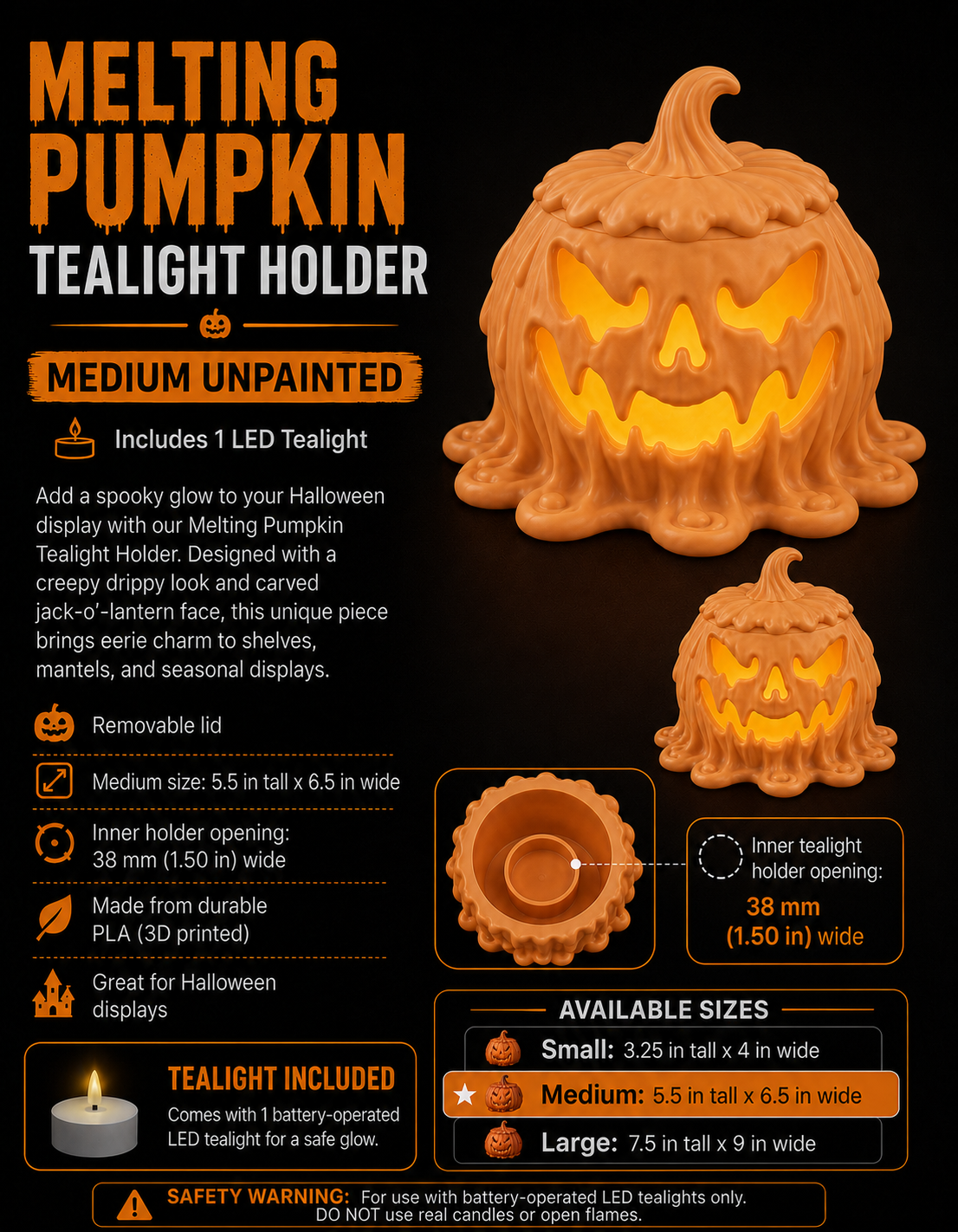 Melting Jack-O’-Lantern Pumpkin with LED Tea Light